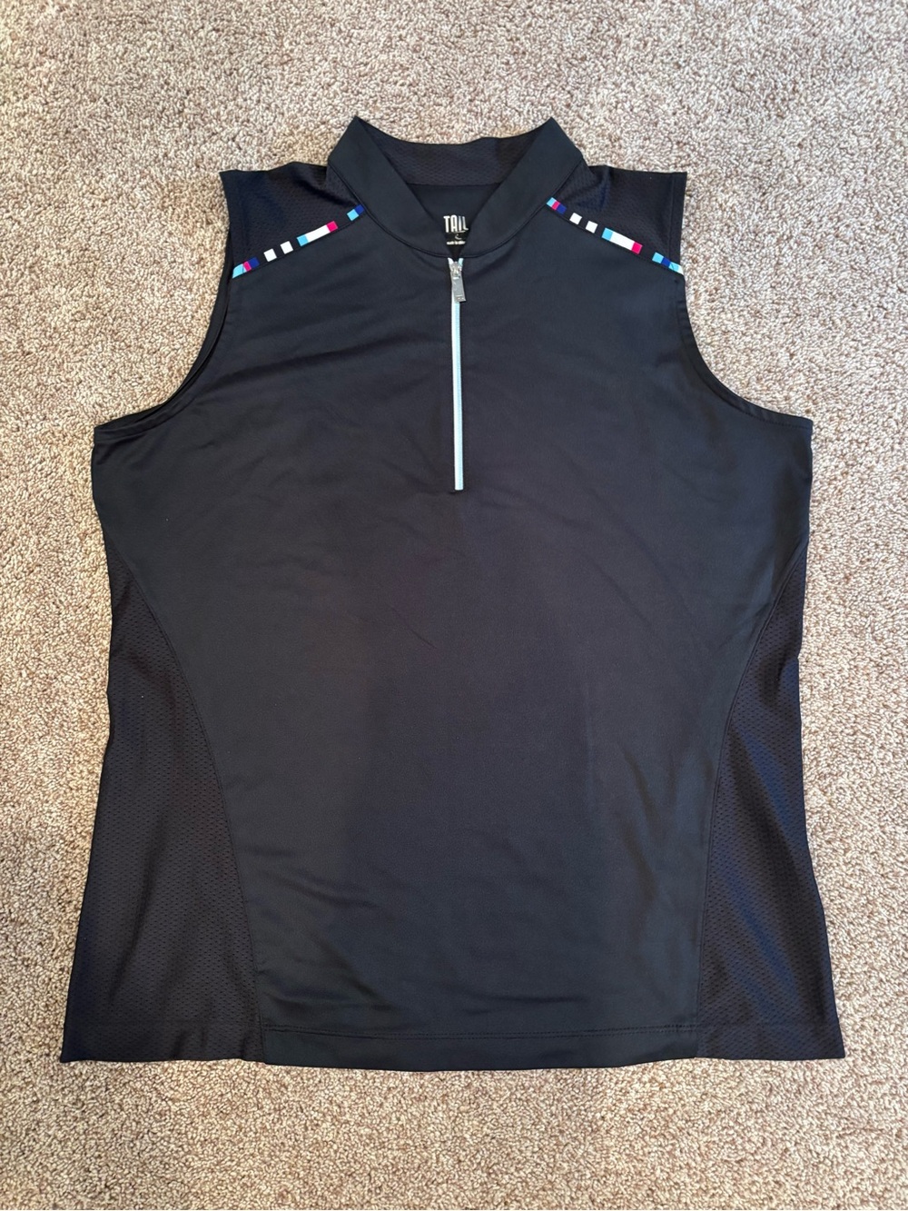 Tail Black Sleeveless Zip Polo Tank with Multicolor Shoulder Accents